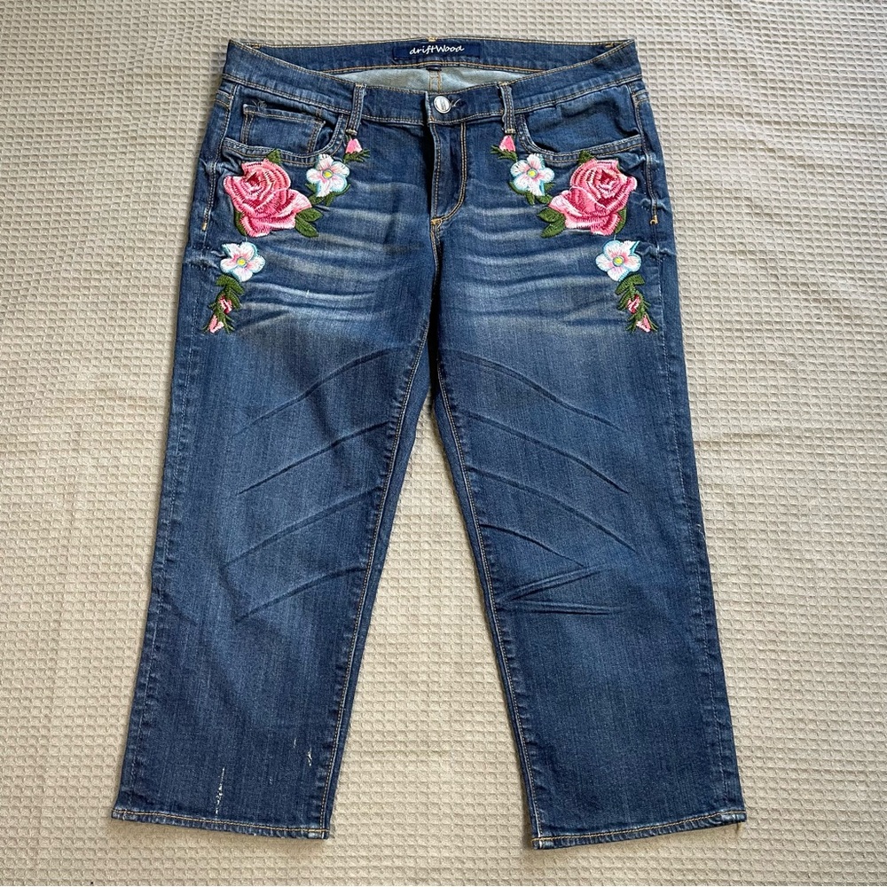 Driftwood Floral Embroidered Capri Crop Jeans 30 Womens Dark Wash Stretch